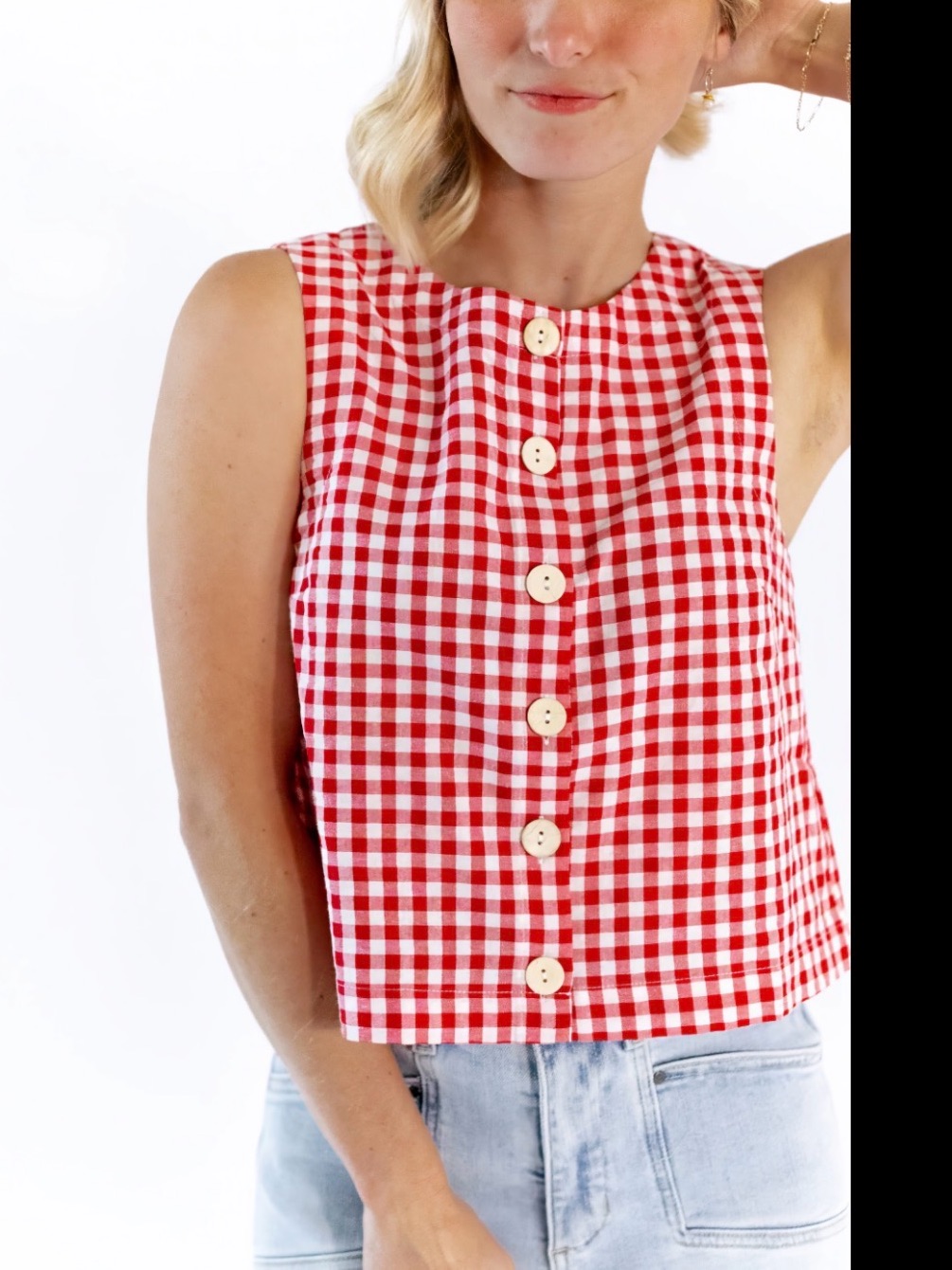 J.O.A. Red And White Gingham Sleeveless Button-Front Top